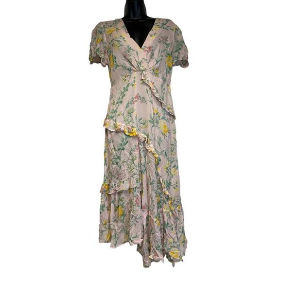 Zara Light Pink Floral Ruffle Asymmetrical Slit Midi‎ Dress Size S - Picture 3 of 12